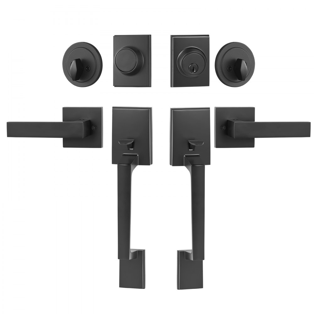 VEVOR Double Door Handle Set, Matte Black Square Door Lever, Double Front Door Handle Set with Reversible Handle Lever, Heavy Duty Double Door Lock Set with Dummy, for Office Door or Front Door - SMSBYGHDSFXLKVAWEV0