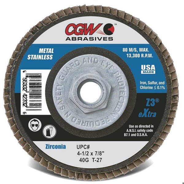 Disco de láminas abrasivas recubiertas con material XTRA libre de contaminantes definitivo de Cgw Abrasives, 4-1/2 pulgadas de diámetro, agujero central de 7/8 pulgadas - 54002