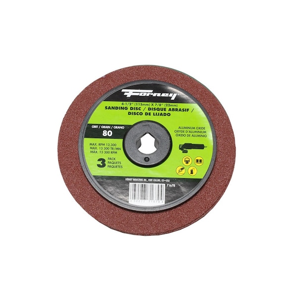Disco de lijado de fibra de resina Forney, óxido de aluminio, 4-1/2 pulgadas x 7/8 pulgadas para arbor, 80 granos - 71670