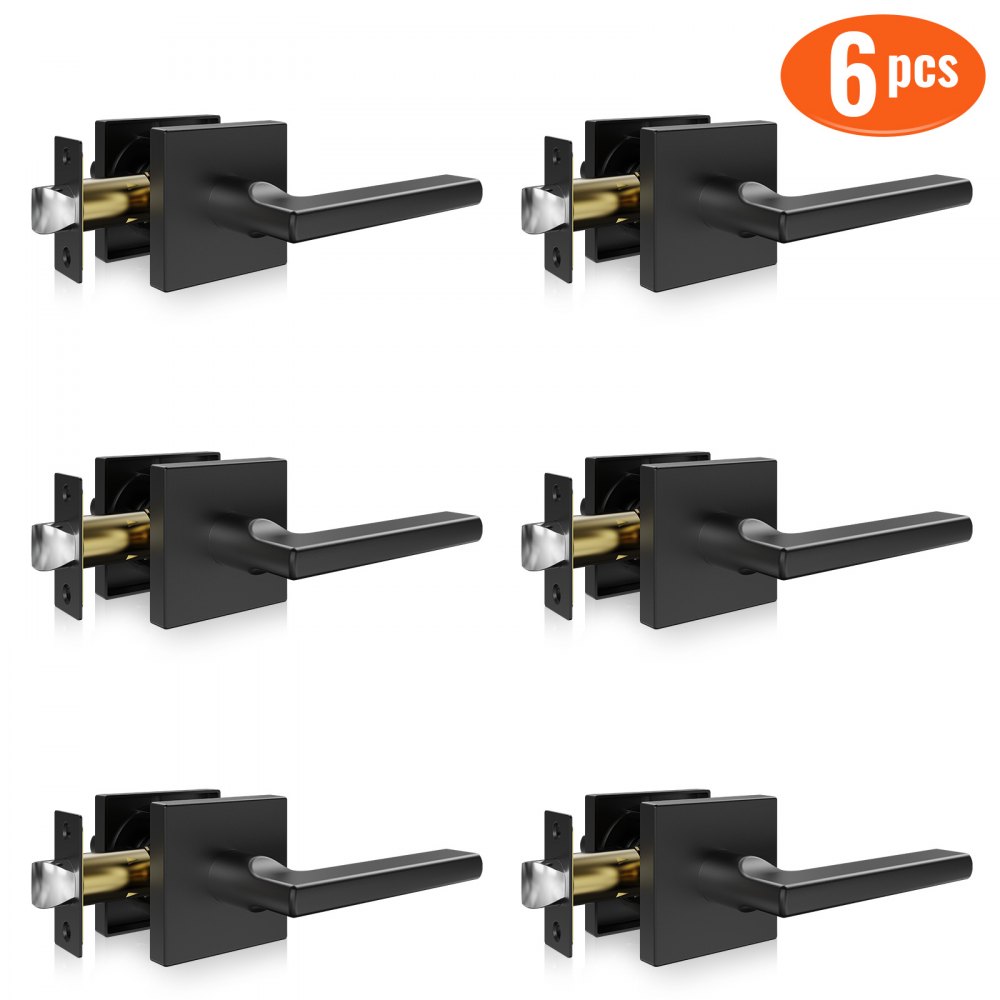VEVOR Passage Door Handle, 6 Pack Matte Black Door Lever, Left or Right Handing Reversible Lever Non-Locking, 45° Rotation to Open, Square Interior Door Handles for Hallways, Closets, Meeting Spaces - FXTDMBS6G000M8KL3V0