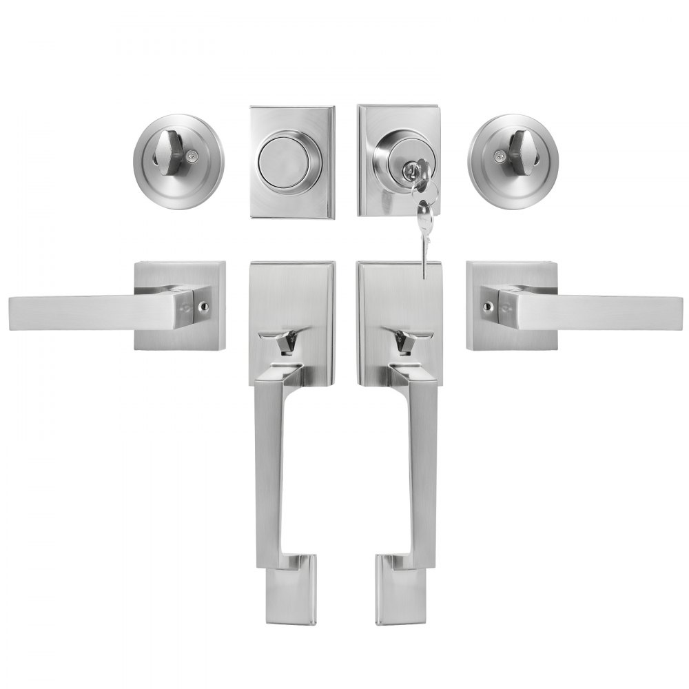 VEVOR Double Door Handle Set, Double Door Lock Set with Reversible Handle Lever, Satin Nickel Square Door Lever, Heavy Duty Double Front Door Handle Set with Dummy, for Front Door or Office Door - SMSBDMNDSFXLP6JSTV0