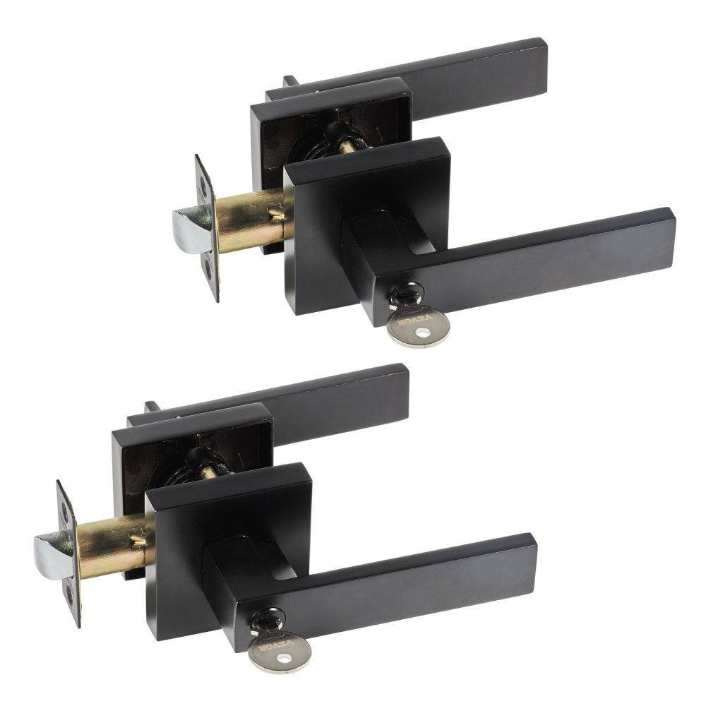 VEVOR Entry Lever Door Handle, 2 PCS Black Entry Knob, Lock and Key Locking Lever Set, Contemporary Square Door Lever, Reversible for Right and Left Sided Doors, 45° Rotation to Open, for Front Door - DYCMBS2JFX00CYKAHV0
