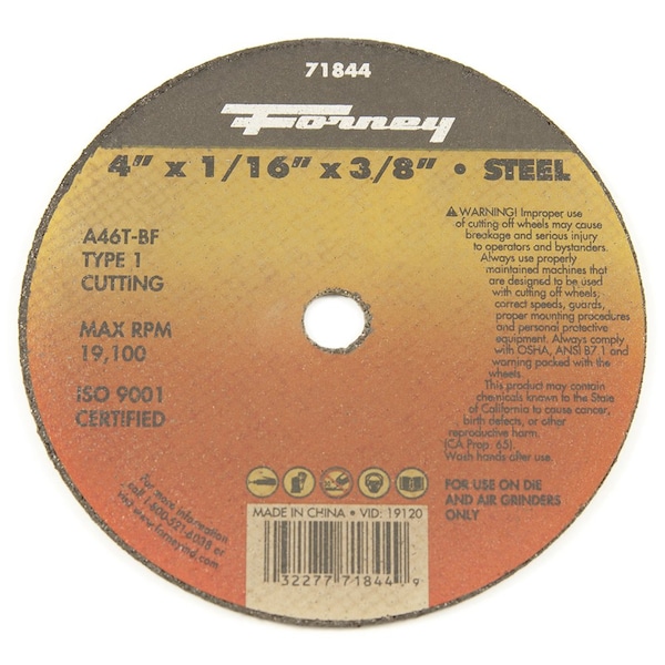 Rueda de corte Forney, Metal, Tipo 1, 4 pulgadas x 1/16 pulgadas x 3/8 pulgadas - 71844