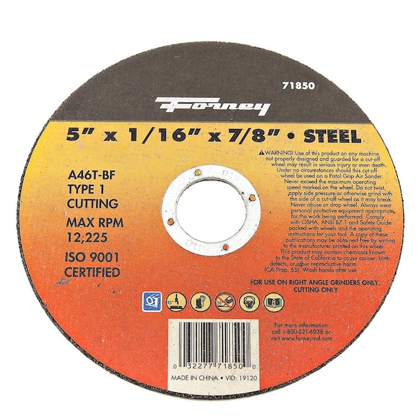 Rueda de corte Forney, Metal, Tipo 1, 5 pulgadas x 1/16 pulgadas x 7/8 pulgadas - 71850