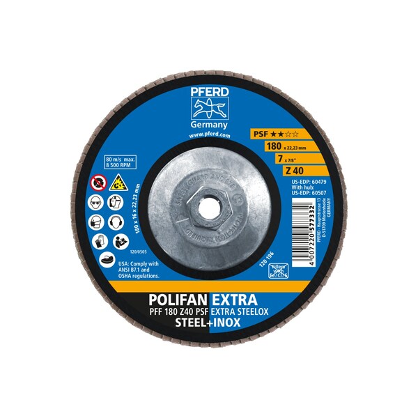 Pferd 7" x 5/8-11 Thd. Disco de Aletas POLIFAN® - Z PSF EXTRA STEELOX, Zirconia, 40 Cabezales, Plano - 60507