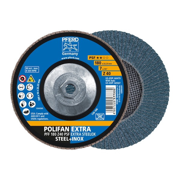 Pferd 7" x 5/8-11 Thd. Disco de Aletas POLIFAN® - Z PSF EXTRA STEELOX, Zirconia, 40 Cabezales, Plano - 60507