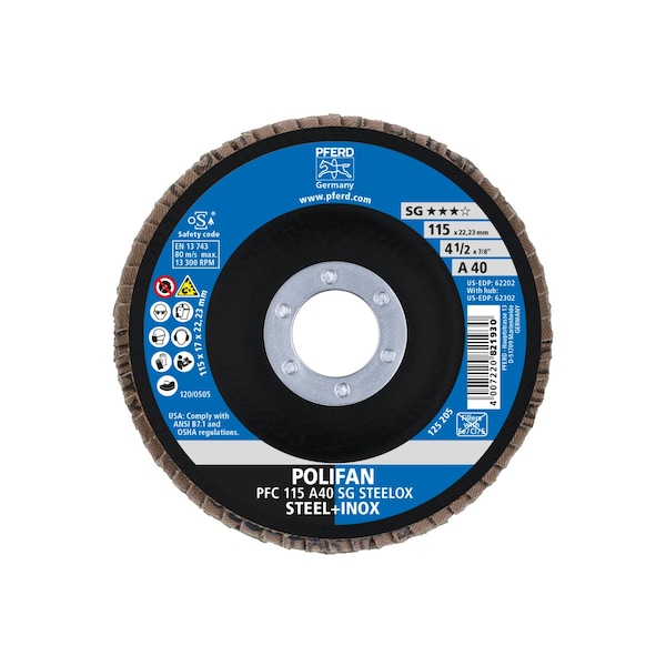 Disco de láminas POLIFAN® de 4-1/2" x 7/8" A.H. - A SG STEELOX, Óxido de aluminio, 40 granos, Cónico - 62202
