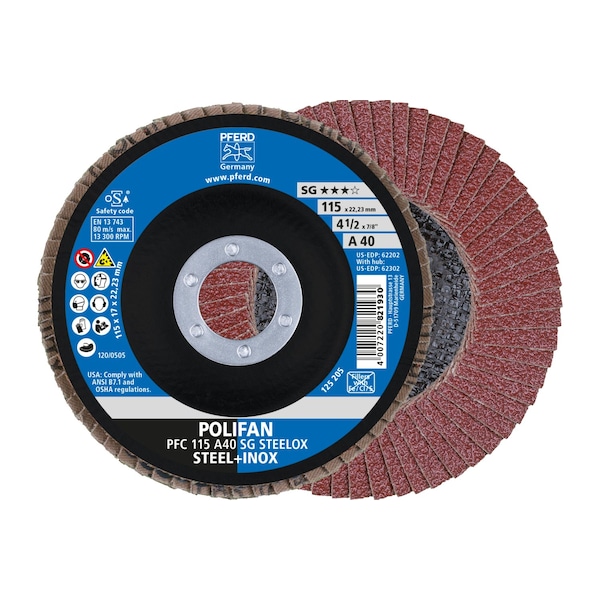 Disco de láminas POLIFAN® de 4-1/2" x 7/8" A.H. - A SG STEELOX, Óxido de aluminio, 40 granos, Cónico - 62202