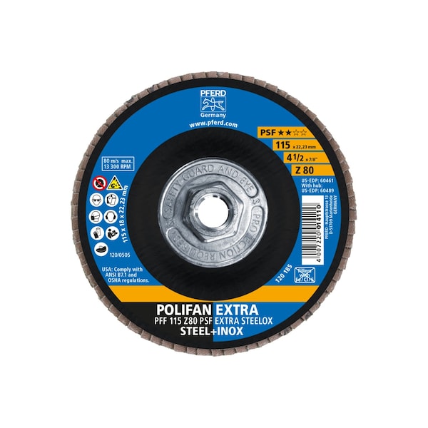 Disco de láminas POLIFAN® de Pferd 4-1/2" x 5/8-11 Thd. Z PSF EXTRA STEELOX, Zirconia, 80 granos, plano - 60489