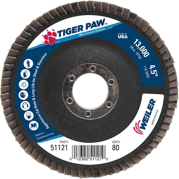 Disco de aletas abrasivas Weiler 4-1/2" Tiger Paw, Angulado (TY29), 80Z, 7/8" - 51121
