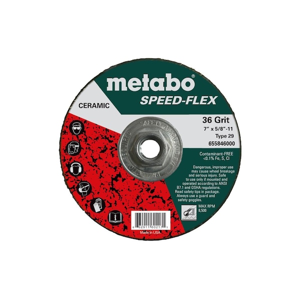 Disco de Fibra de Resina Metabo 7" Speed-Flex Cerámico de 36 granos, 5/8"-11, Fibra de Vidrio T29 - 655846000