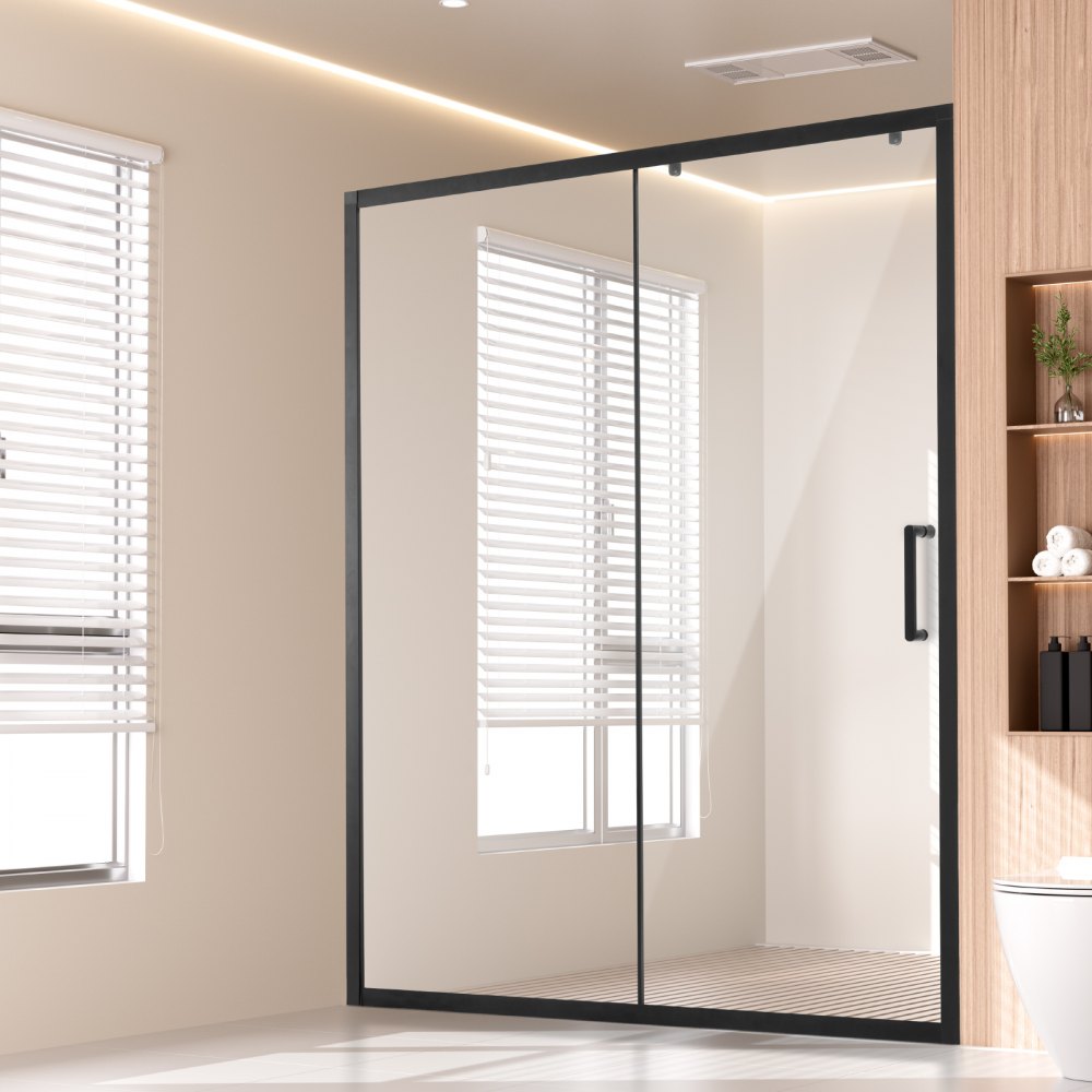 VEVOR Semi-frameless Shower Door 57.7-59" x 70" Tempered Glass 1/4" Matte Black - DBKSYMTLYSM6N5MKEV0