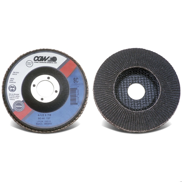 Disco de láminas abrasivas recubiertas sin contaminantes SC Ultimate de Cgw Abrasives, diámetro de 4-1/2 pulgadas, agujero central de 7/8 pulgadas, 80 granos, F - 56015.