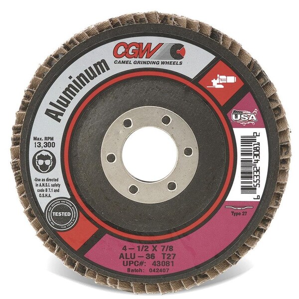 Cgw Abrasives Contaminant-Free Premium Regular Coated Abrasive Flap Disc, 4-1/2 pulgadas de diámetro, 7/8 pulgadas de orificio central, 60 grit - 43094