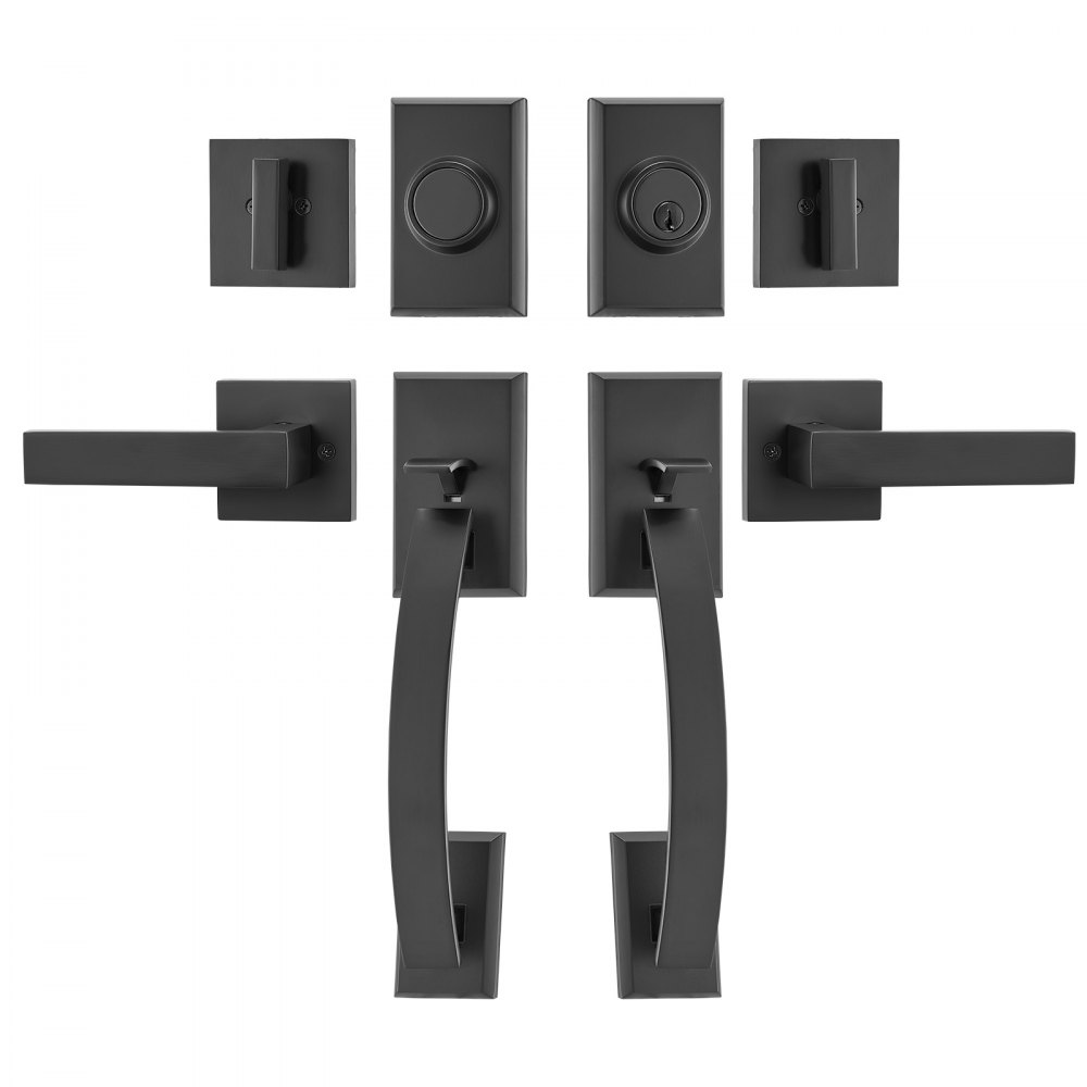 VEVOR Double Door Handle Set, Matte Black Arched Door Lever, Double Front Door Handle Set with Reversible Handle Lever, Heavy Duty Double Door Lock Set with Dummy, for Office Door or Front Door - SMSBYGHDSHXLZ8LO2V0