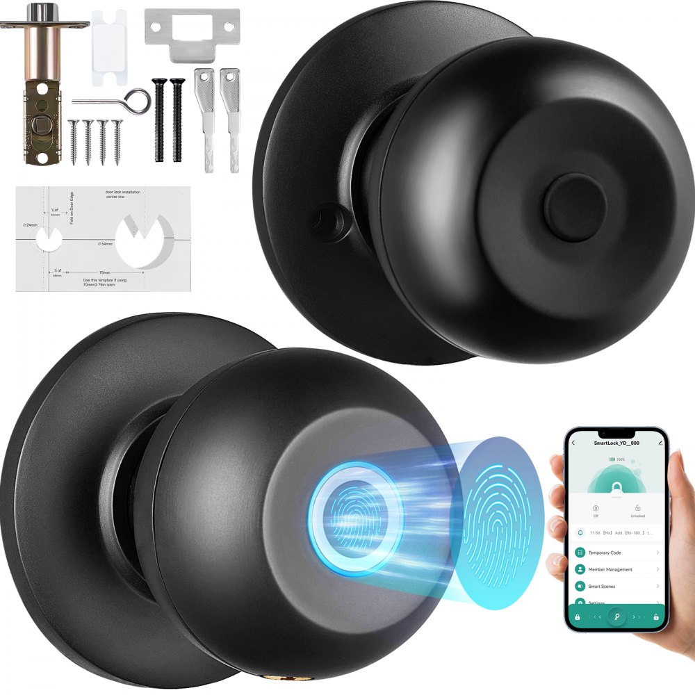 VEVOR Smart Door Knob, Biometric Door Lock Bluetooth Smart Lock, Fingerprint Smart Lock with APP Control, Easy Installation Door Lock, for Home Bedrooms, Cloakroom, Hotels, Apartments Offices, Black - LYZNSQXBSSYCSUCYIV9