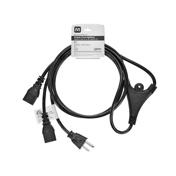 Monoprice Power Cord Splitter - NEMA 5-15P to 2x IEC 60320 C13_ 18AWG_ 10A_ SJT_ - 27314