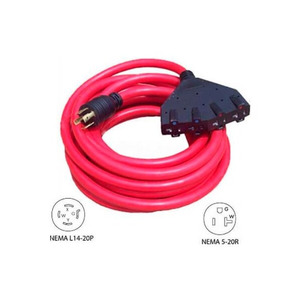 Conntek Conntek 20501, 25', 20A Generator Locking Extension Cord with NEMA L14-20P to 15/20R*4, Red - 20501