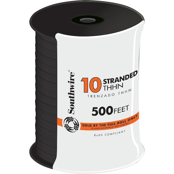 Southwire THHN Building Wire, 10 AWG, Black, Stranded, 500 ft - 22973257