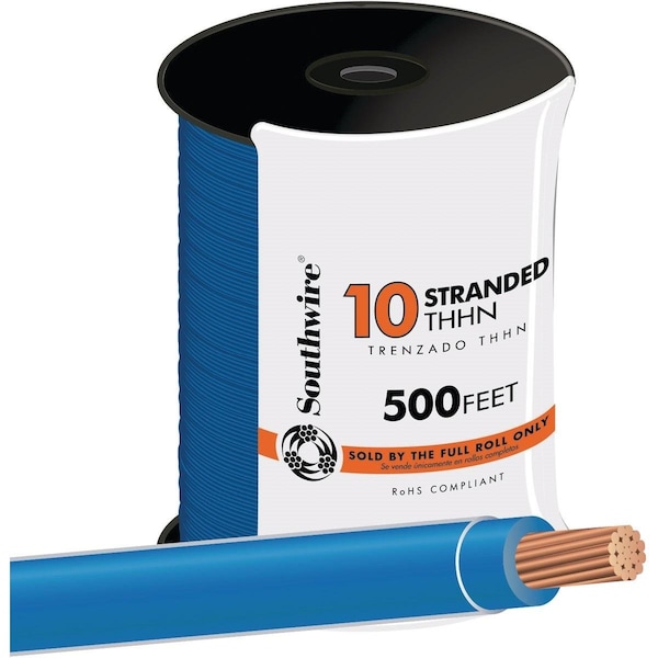 Southwire THHN Building Wire, 10 AWG, Blue, Stranded, 500 ft - 22976557