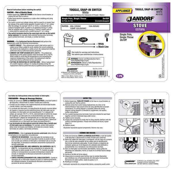 Jandorf Jandorf 20 amps Single Pole Snap-In Toggle Appliance Switch White 1 pk - 61018