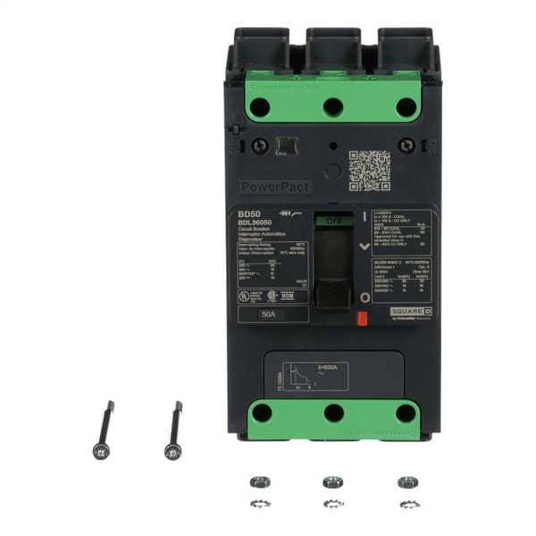 Square D Molded Case Circuit Breaker, BDL Series, 50A, 3 Pole, 347/600V AC, 25kA at 240V AC, B Curve - BDL36050