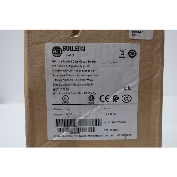 Allen Bradley Molded Case Circuit Breaker, 140G Series, 15A, 3 Pole, 240/480/600V AC, 25kA - 140G-H2C3-C15