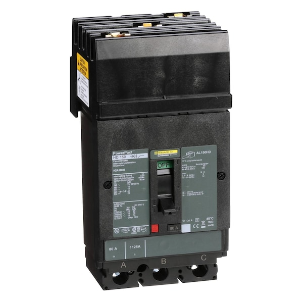 Square D Molded Case Circuit Breaker, HDA Series, 80A, 3 Pole, 600V AC, 25kA at 240V AC - HDA36080