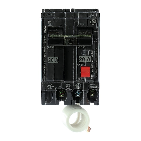 Ge Circuit Breaker, THQL Series, 20A, 2 Pole, 120/240V AC, 10kA at 120/240V AC - THQL2120GFTP