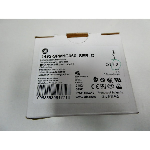 Allen Bradley 1P 6A AMP 277V-AC MINIATURE CIRCUIT BREAKER, 2PK - 1492-SPM1C060