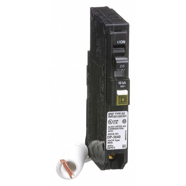 Square D Miniature Circuit Breaker, QO Series, 20A, 1 Pole, 120V AC, 10kA at 120/240V AC - QO120CAFI