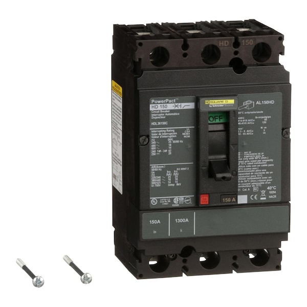 Square D Molded Case Circuit Breaker, HDL Series, 150A, 3 Pole, 600V AC, 25kA at 240V AC - HDL36150C