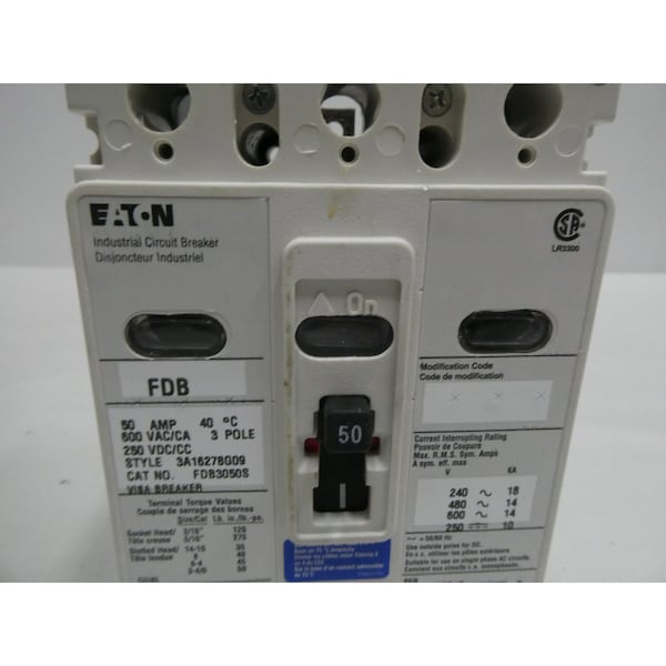 Eaton Molded Case Circuit Breaker, FD Series, 50A, 3 Pole, 600V AC - FDB3050S