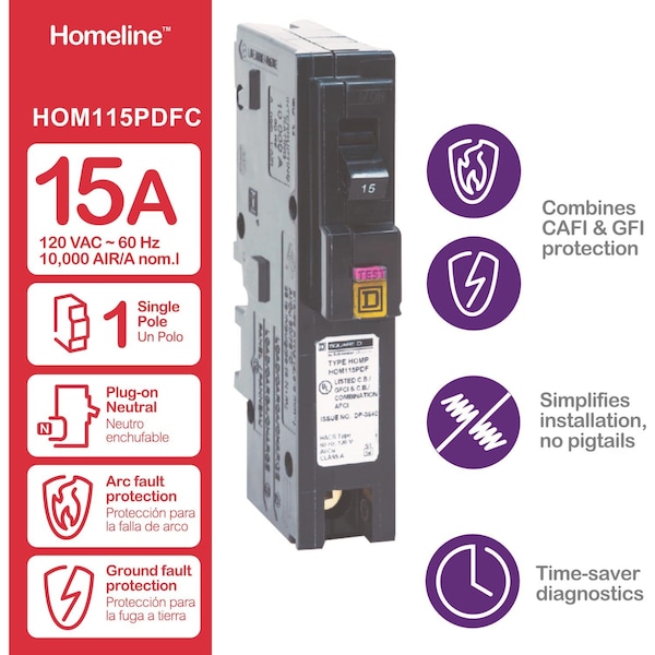 Square D Miniature Circuit Breaker, HOM Series, 15A, 1 Pole, 120V AC, 10kA - HOM115PDFC
