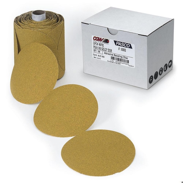 Disco abrasivo con adhesivo de respaldo PSA de grano P150, grado muy fino, óxido de aluminio, 5 pulgadas de diámetro, marca Cgw Abrasives Gold DWT - 49825.