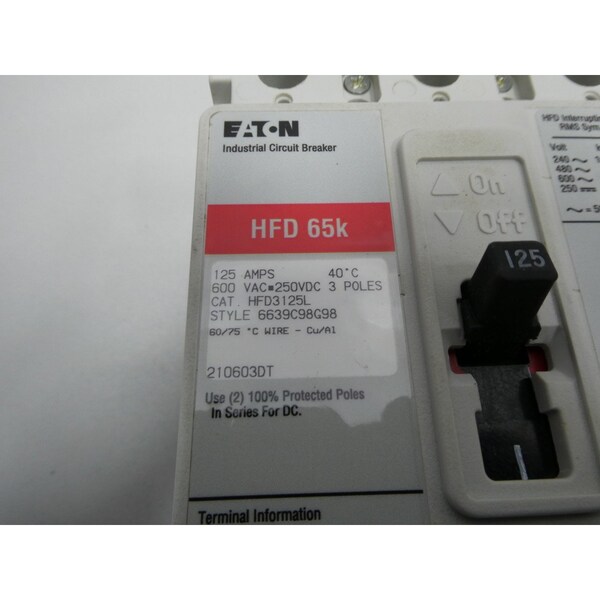 Eaton 3P 125A AMP 600V-AC MOLDED CASE CIRCUIT BREAKER - HFD3125L