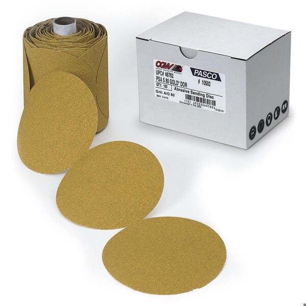 Disco abrasivo revestido con PSA de alta calidad de CWG Abrasives Gold, 5 pulgadas de diámetro, grano P180, grado muy fino, óxido de aluminio Ab - 49856.