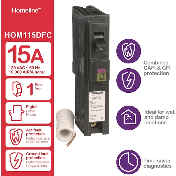 Square D Miniature Circuit Breaker, HOM Series, 15A, 1 Pole, 120V AC, 10kA - HOM115DFC