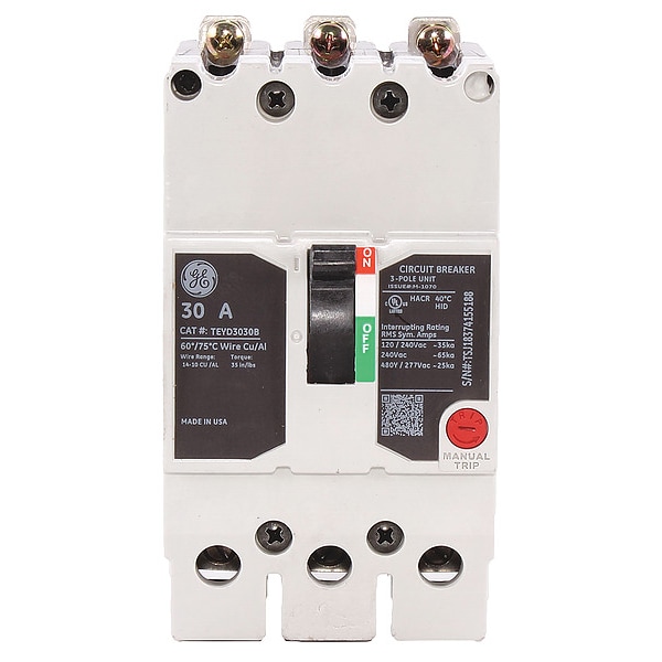 Ge Molded Case Circuit Breaker, TEYD Series, 30A, 3 Pole, 277/480V AC, 25kA at 277/480V AC - TEYD3030B