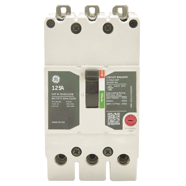 Ge Molded Case Circuit Breaker, TEYD Series, 50A, 3 Pole, 277/480V AC, 25kA at 277/480V AC - TEYD3050B