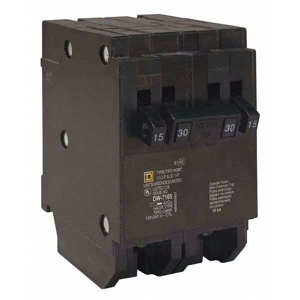 Square D Miniature Circuit Breaker, HOMT Series, 15A, 2x1, 1x2 Pole, 120/240V AC, 10kA - HOMT1515240