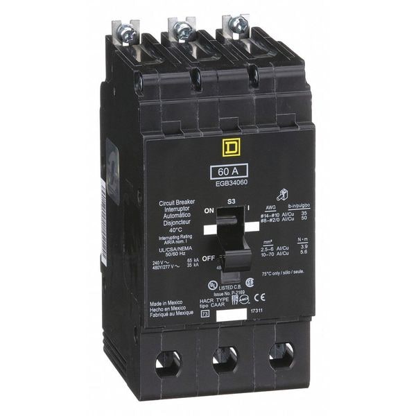 Square D Miniature Circuit Breaker, EGB Series, 60A, 3 Pole, 277/480V AC, 65kA at 120V AC - EGB34060
