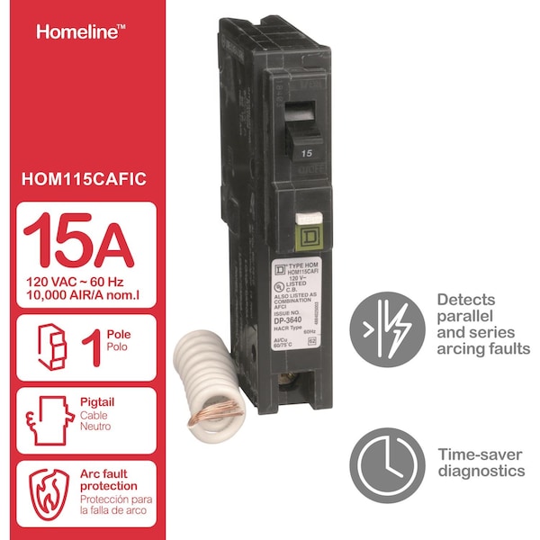 Square D Miniature Circuit Breaker, HOM Series, 15A, 1 Pole, 120V AC, 10kA - HOM115CAFIC