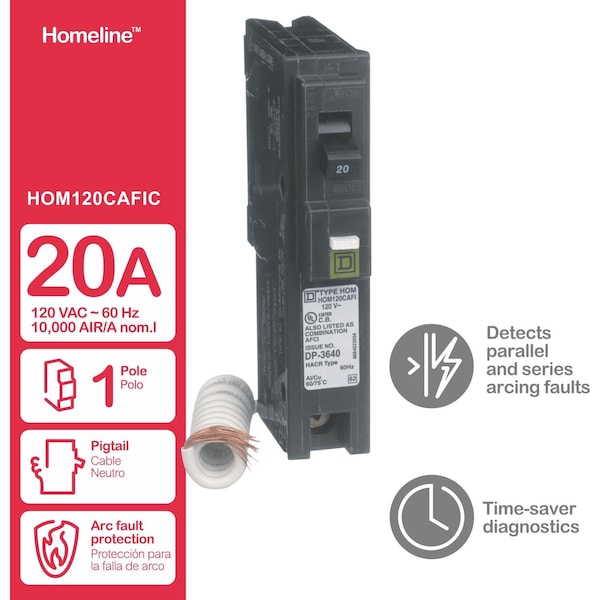 Square D Miniature Circuit Breaker, HOM Series, 20A, 1 Pole, 120V AC, 10kA - HOM120CAFIC