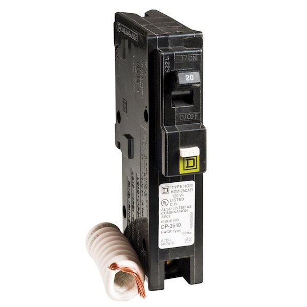 Square D Miniature Circuit Breaker, HOM Series, 20A, 1 Pole, 120V AC, 10kA - HOM120CAFIC