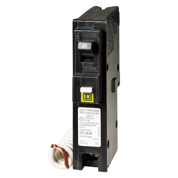 Square D Miniature Circuit Breaker, HOM Series, 20A, 1 Pole, 120V AC, 10kA - HOM120CAFIC
