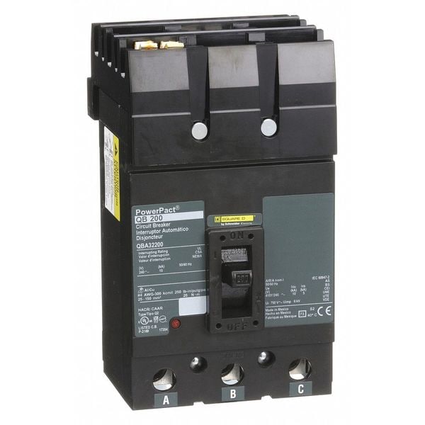Square D Molded Case Circuit Breaker, QBA Series, 200A, 3 Pole, 240V AC, 10kA at 240V AC - QBA32200