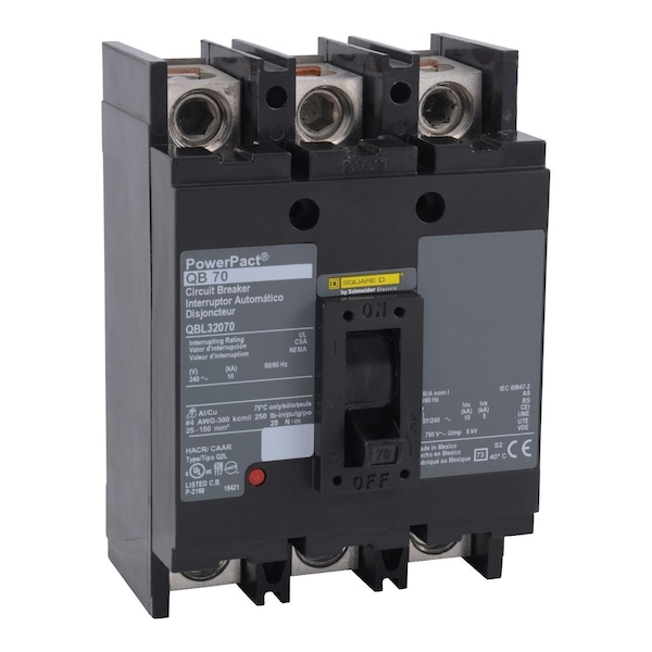 Square D Molded Case Circuit Breaker, QBL Series, 70A, 3 Pole, 240V AC, 10kA at 240V AC - QBL32070