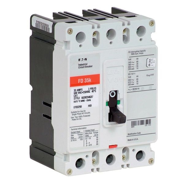 Eaton Molded Case Circuit Breaker, FD Series, 30A, 3 Pole, 600V AC, 65kA at 240/277V AC - FD3030