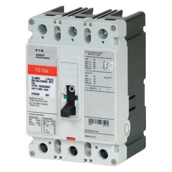 Eaton Molded Case Circuit Breaker, FD Series, 30A, 3 Pole, 600V AC, 65kA at 240/277V AC - FD3030